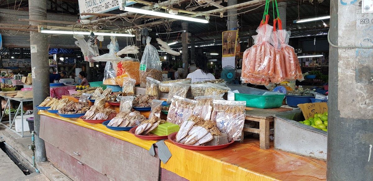 Dried fish and packaged seafood at a stall inside Laem Din local market, Koh Samui