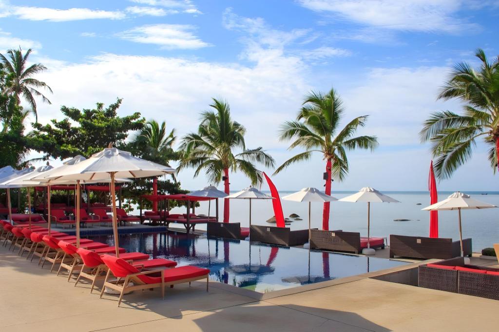 Beach Republic outdoor pool with sun loungers and turquoise umbrellas beside the water