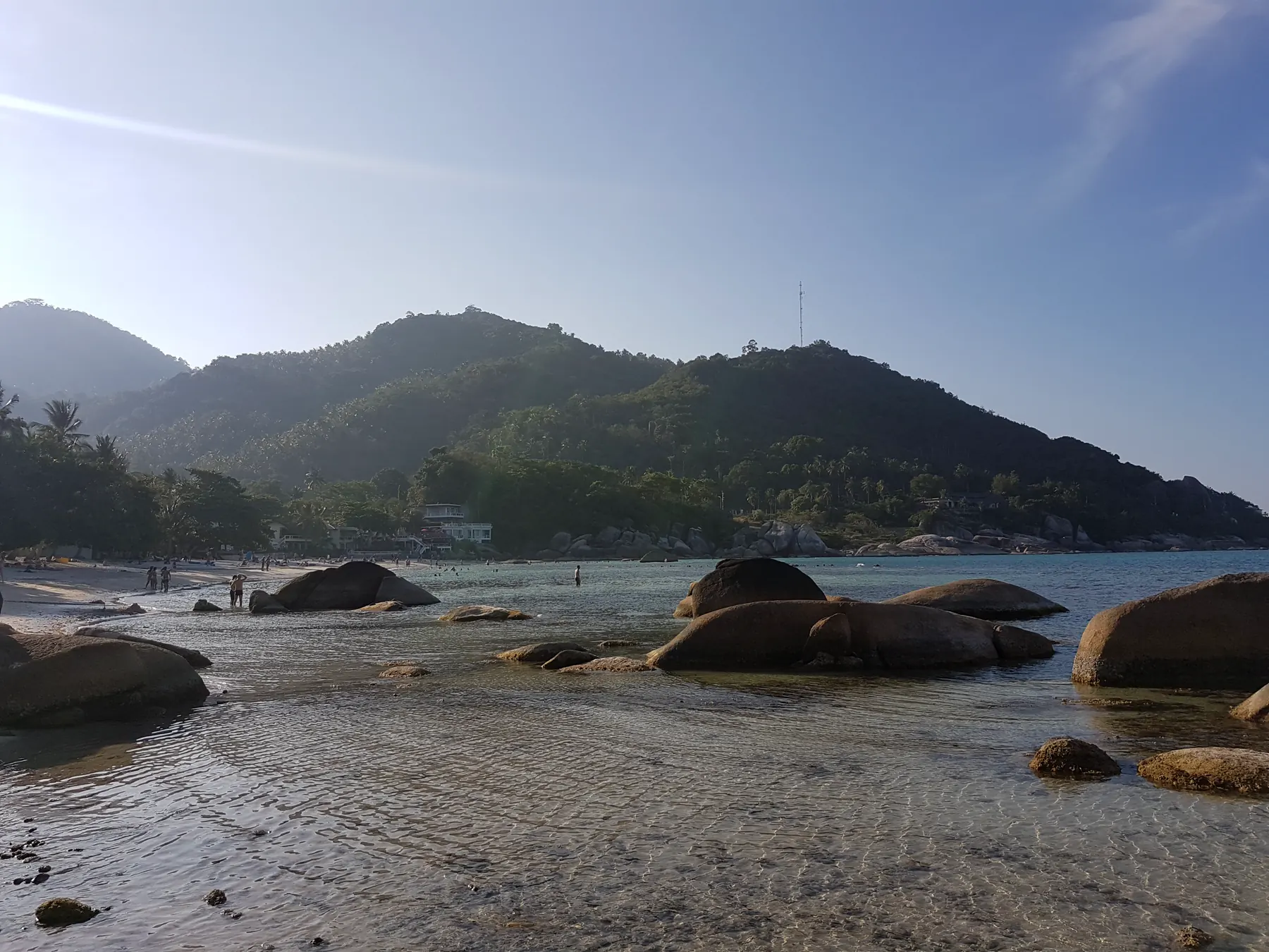 Silver Beach, the small cove between Chaweng and Lamai. Silver Beach on Koh Samui, a small cove of pale sand between dark rocks with turquoise water